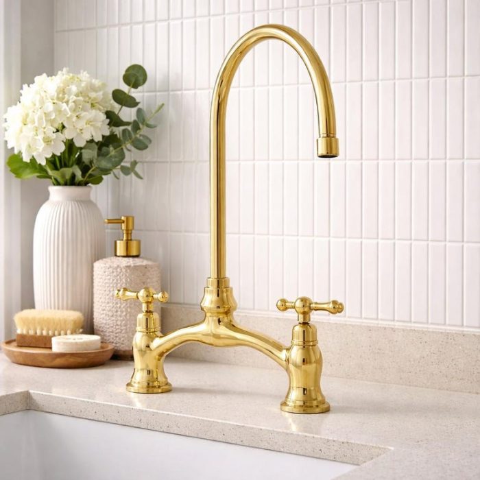 Luxury Gold Sink Faucet – Classic Bridge Style with Crosshead Handles - Image 4