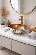 Patterned Ceramic & Copper Vessel Sink Bowl – Black White - Image 2