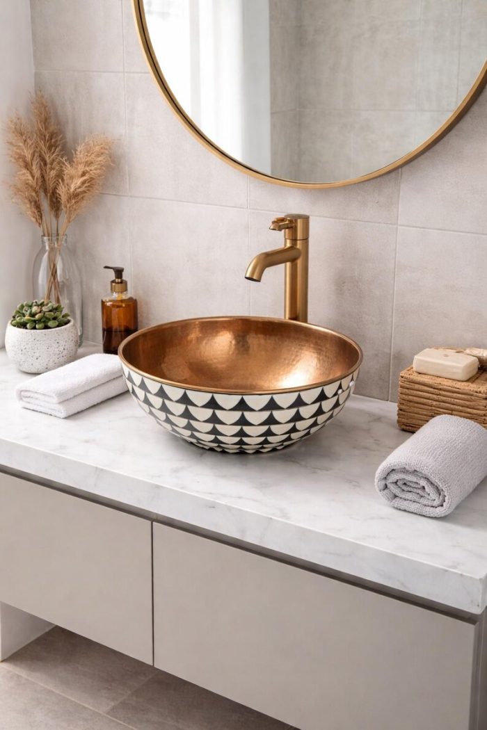 Patterned Ceramic & Copper Vessel Sink Bowl – Black White - Image 2