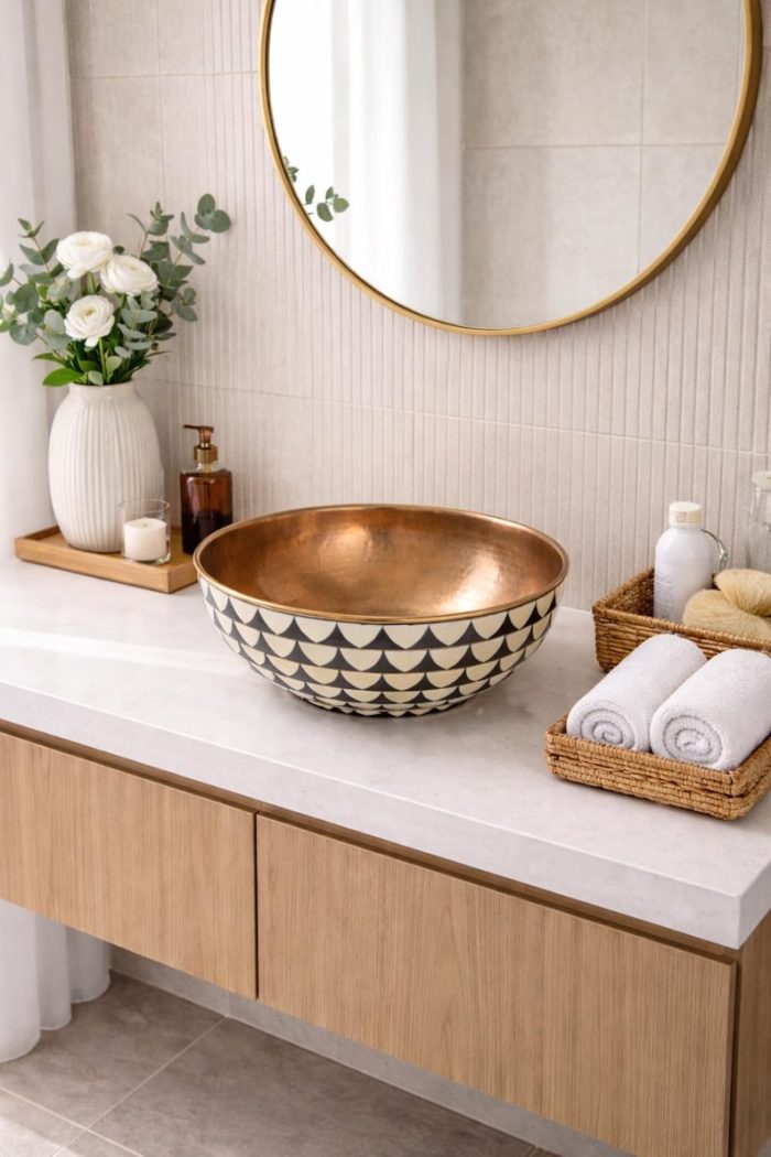 Patterned Ceramic & Copper Vessel Sink Bowl – Black White - Image 5