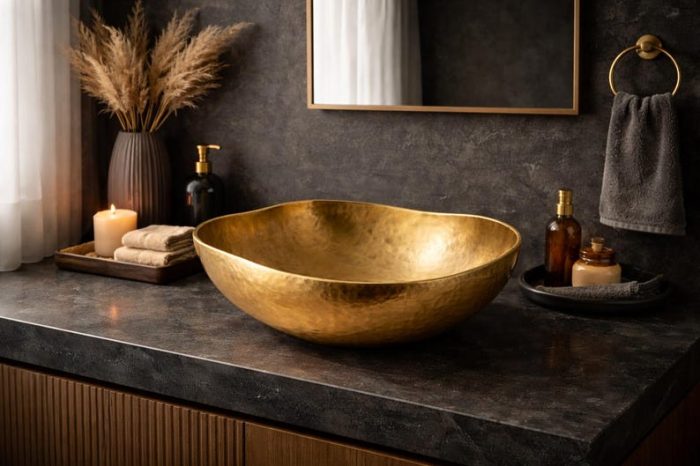 Handmade Hammered Copper Oval Vessel Sink – Antique Gold - Image 3