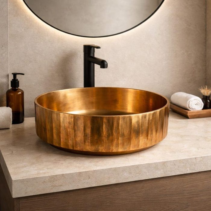 Hammered Copper Round Vessel Sink – Antique Gold Finish - Image 2