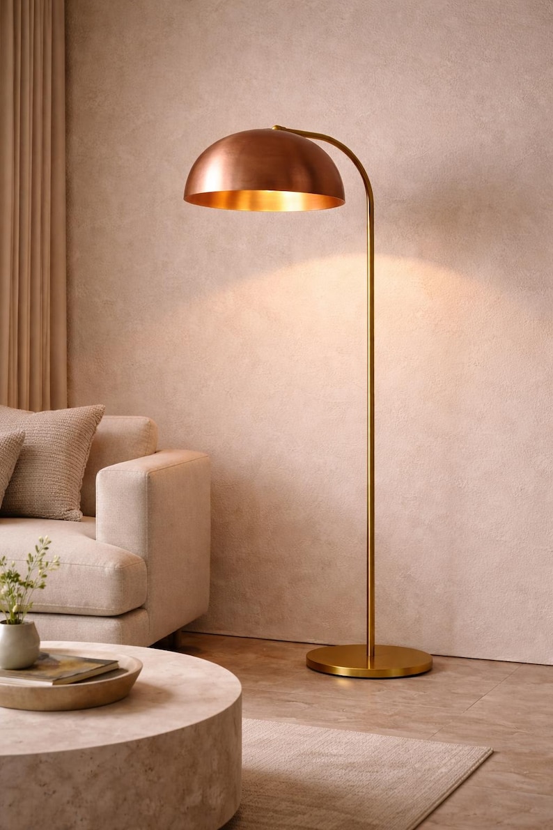 il_794xN.7672854871_1wuw Copper Dome Floor Lamp with Brass Stem – Modern Arc Standing Lamp - Image 1