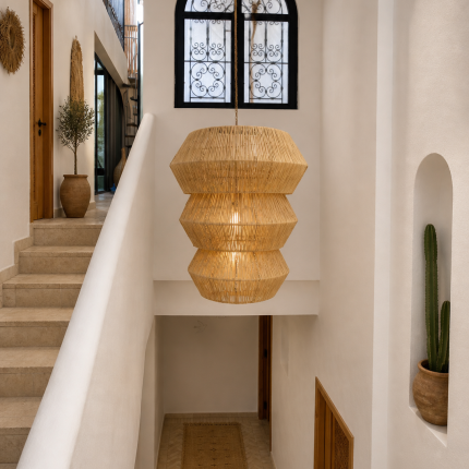 Tiered raffia pendant light with three geometric handwoven sections