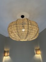 Moroccan raffia pendant light with handmade wavy woven shade
