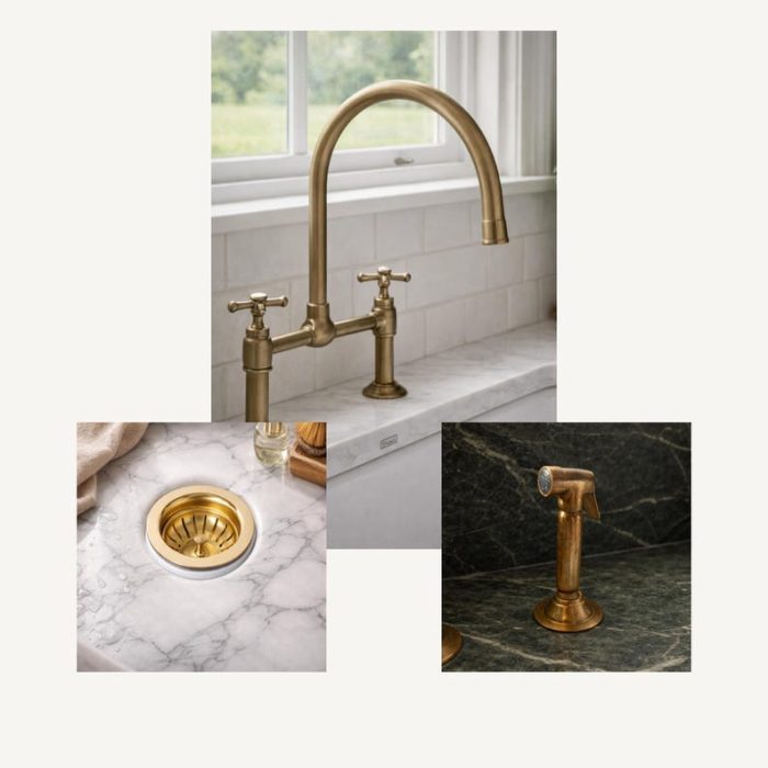 Handcrafted Aged Brass Bridge Kitchen Faucet with Side Sprayer and Sink Drain - Image 5