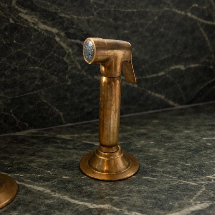 Handcrafted Aged Brass Bridge Kitchen Faucet with Side Sprayer and Sink Drain - Image 7