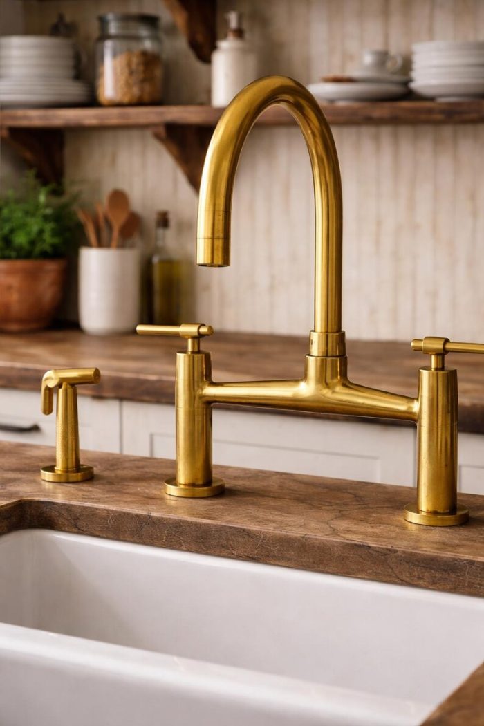 Handcrafted Unlacquered Solid Brass Bridge Kitchen Faucet – Linear Legs Design - Image 2