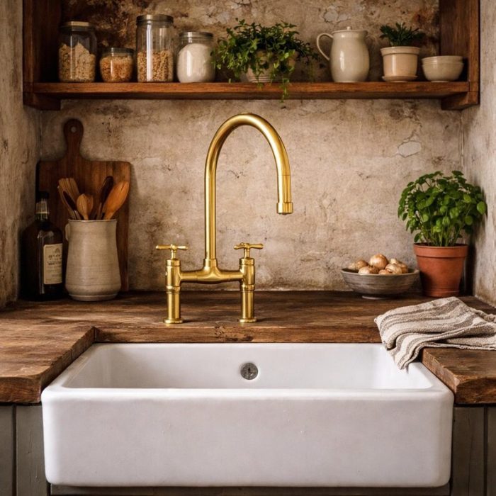 Solid Brass Bridge Kitchen Faucet with Cross Handles – Vintage Style - Image 2