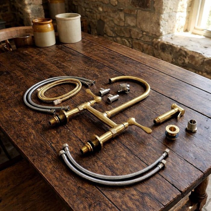 Unlacquered Brass Bridge Kitchen Faucet with Side Sprayer | Lever Handle - Image 3