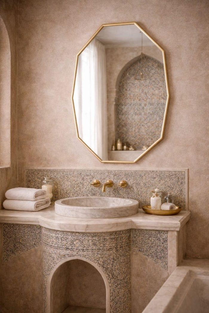 Handcrafted Octagonal Brass Mirror – Gold Frame Moroccan Bathroom Wall Mirror - Image 2