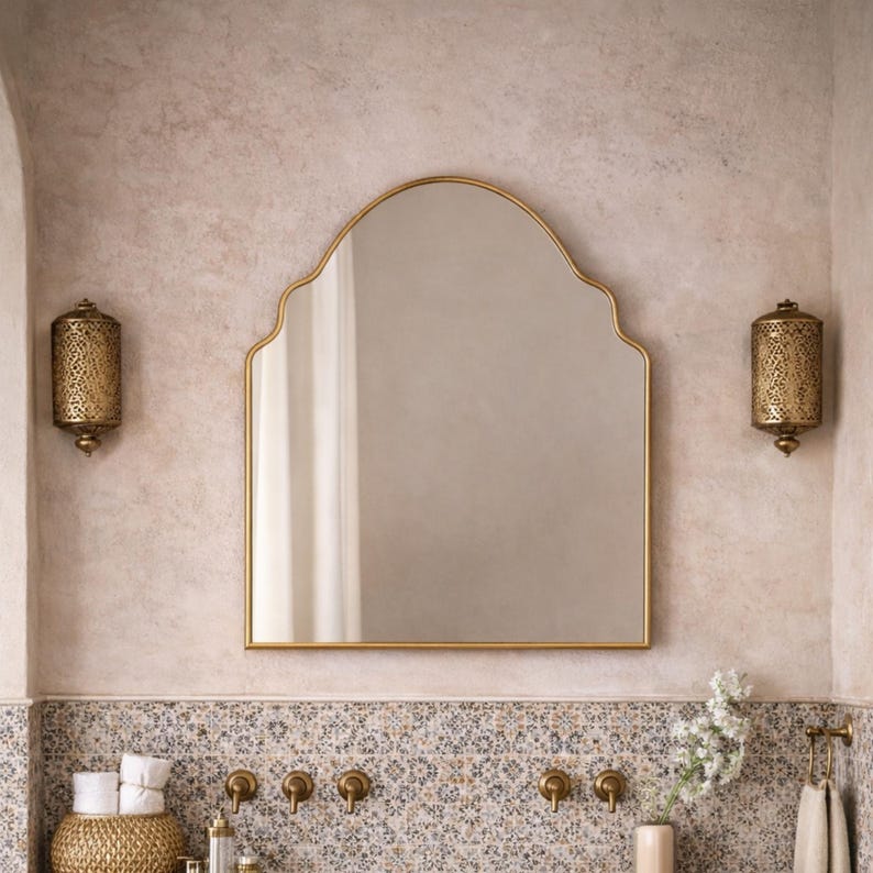 il_794xN.7686228712_10xd Handcrafted Arched Brass Mirror – Elegant Gold Frame Bathroom & Vanity Mirror - Image 1