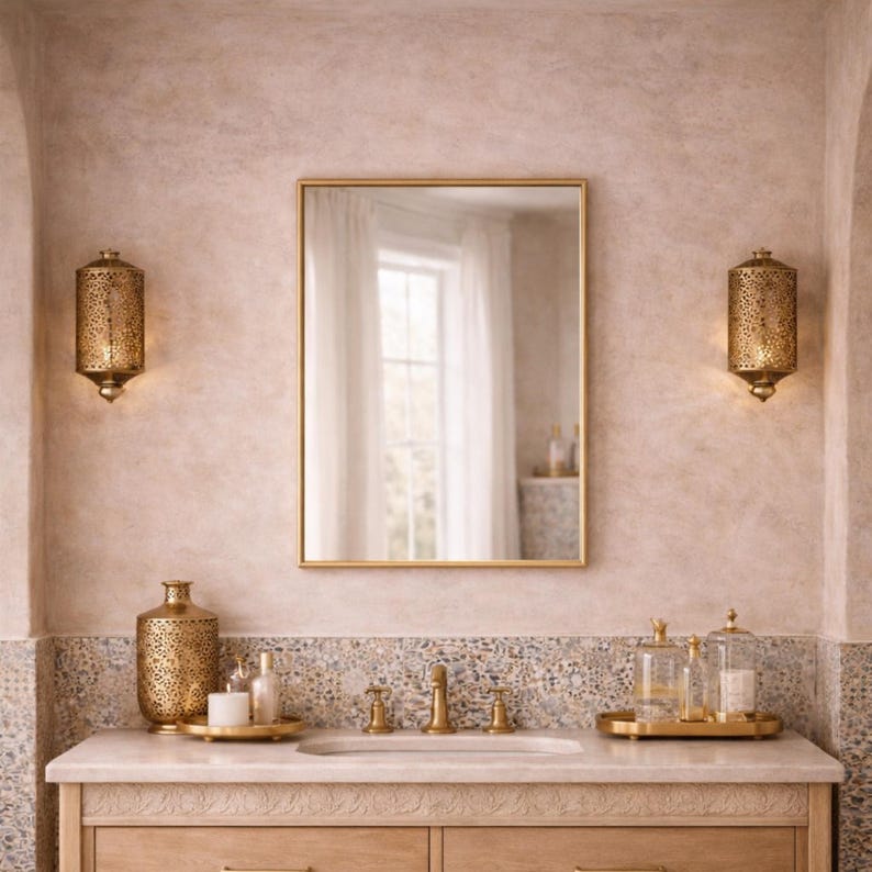 il_794xN.7686980672_hnhj Handcrafted Rectangular Brass Mirror – Gold Frame Wall Mirror for Bedroom & Vanity - Image 1