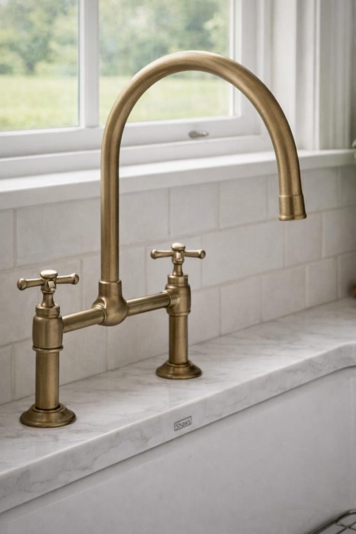 Handcrafted Aged Brass Bridge Kitchen Faucet with Side Sprayer and Sink Drain - Image 3