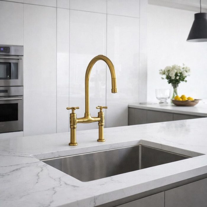 Solid Brass Bridge Kitchen Faucet with Cross Handles – Vintage Style - Image 3