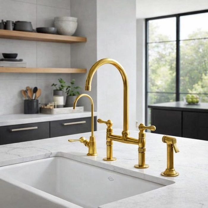 Unlacquered Brass Bridge Kitchen Faucet with Side Sprayer | Lever Handle - Image 2