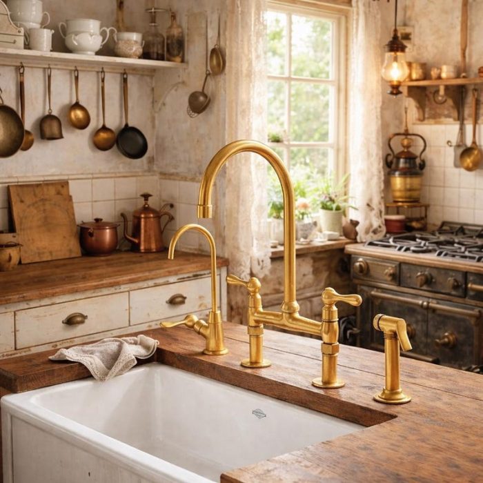 Unlacquered Brass Bridge Kitchen Faucet with Side Sprayer | Lever Handle - Image 4