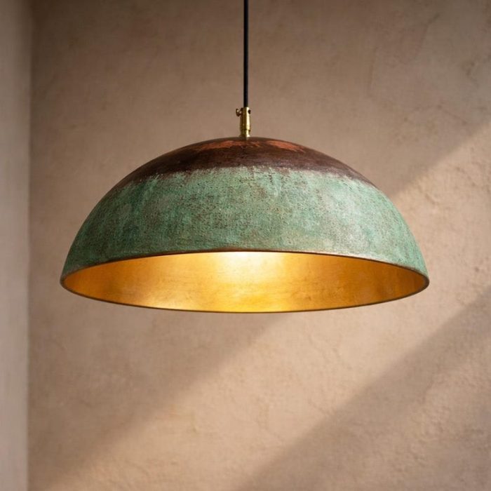 Set Of 4 Handmade Copper Dome Pendant Lamp, Green Patina Brass Ceiling Light 50 cm - Image 3