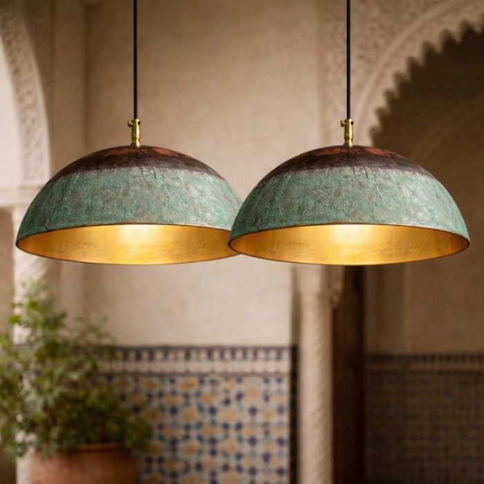 Set Of 4 Handmade Copper Dome Pendant Lamp, Green Patina Brass Ceiling Light 50 cm - Image 2