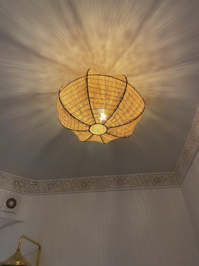 Sculptural petal raffia ceiling light with handwoven natural fibers, metal frame and organic flower-shaped flush mount design.