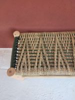 Green Cord & Palm Leaf Bench handcrafted from solid eucalyptus wood with handwoven green cord and natural palm leaf weaving