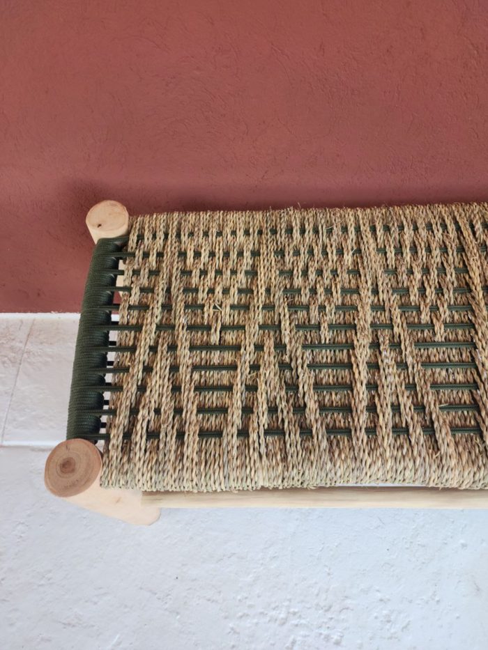 Green Cord & Palm Leaf Bench handcrafted from solid eucalyptus wood with handwoven green cord and natural palm leaf weaving