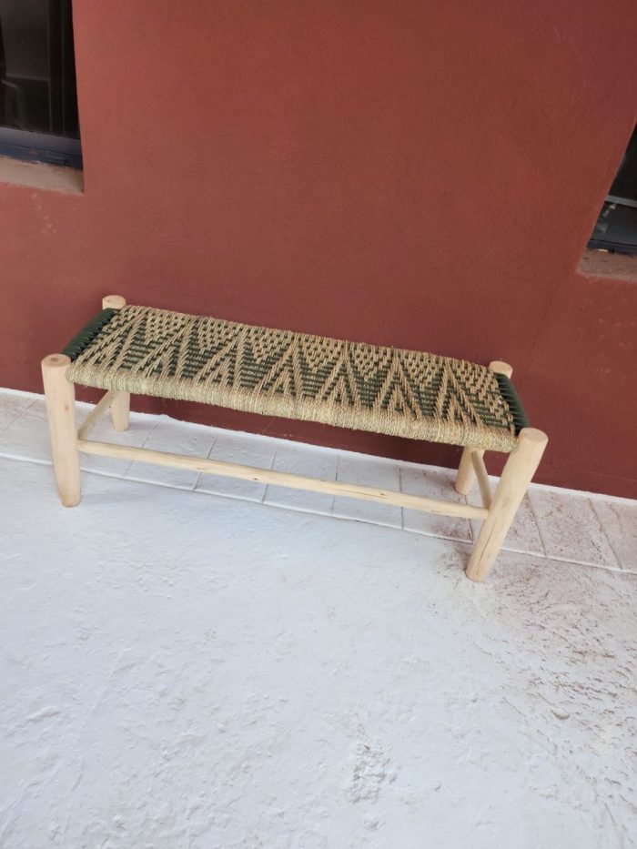 Green Cord & Palm Leaf Bench handcrafted from solid eucalyptus wood with handwoven green cord and natural palm leaf weaving