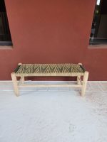 Green Cord & Palm Leaf Bench handcrafted from solid eucalyptus wood with handwoven green cord and natural palm leaf weaving