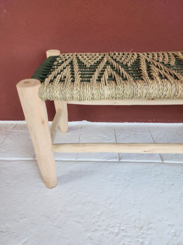 Green Cord & Palm Leaf Bench handcrafted from solid eucalyptus wood with handwoven green cord and natural palm leaf weaving