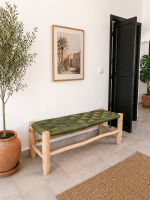 Handmade Green Cord Bench handcrafted from solid eucalyptus wood with a handwoven green cord seat