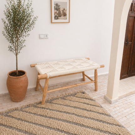 White Cord Bench handcrafted from solid wood with a handwoven white cord seat