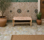 Moroccan Natural Leather Bench handcrafted from solid wood with a genuine natural leather seat