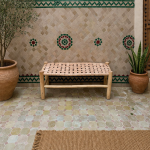 Moroccan Natural Leather Bench handcrafted from solid wood with a genuine natural leather seat