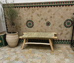 Handwoven Palm Leaf Bench handcrafted from solid eucalyptus wood with a natural woven palm leaf seat
