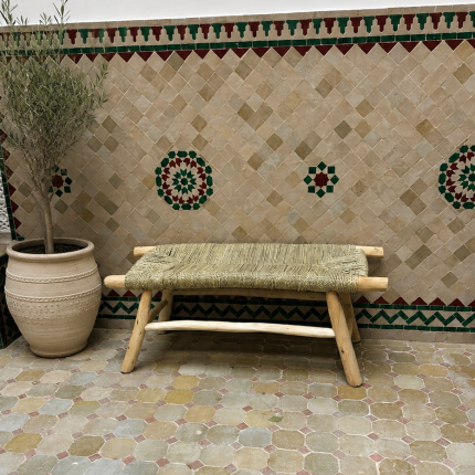 Handwoven Palm Leaf Bench handcrafted from solid eucalyptus wood with a natural woven palm leaf seat