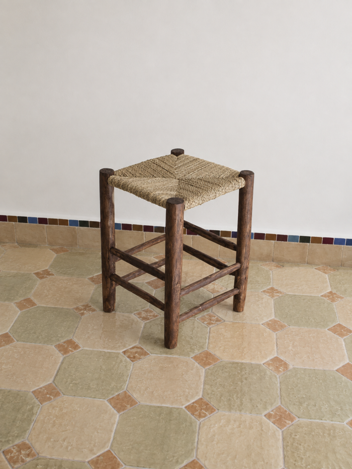 Small Natural Rope Stool handcrafted from solid wood with a handwoven natural rope seat