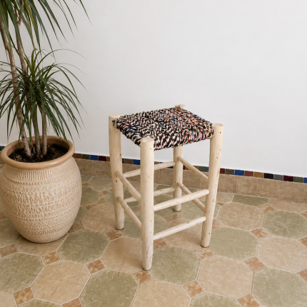 Handwoven Boucherouite Counter Stool handcrafted from solid wood with a colorful handwoven Boucherouite seat