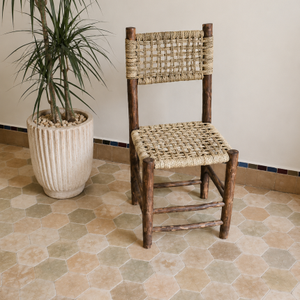 Palm Leaf Wooden Chair handcrafted from solid wood with a natural handwoven palm leaf seat