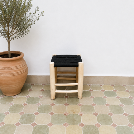 Small Black Rope Stool handcrafted from solid wood with a handwoven black rope seat