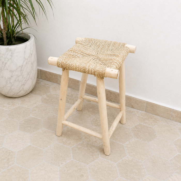 Natural Palm Leaf Counter Stool handcrafted from solid wood with a handwoven natural palm leaf seat