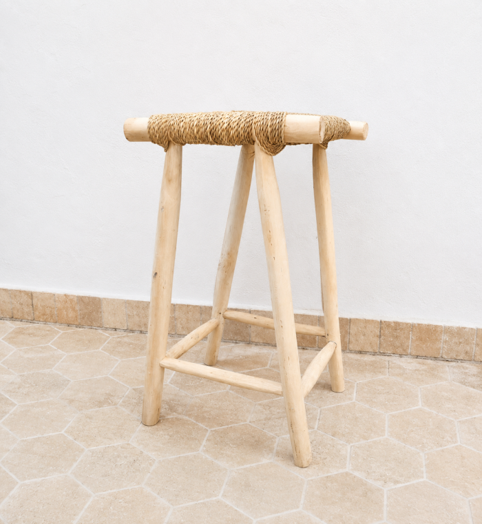 Natural Palm Leaf Counter Stool handcrafted from solid wood with a handwoven natural palm leaf seat