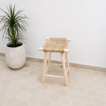 Natural Palm Leaf Counter Stool handcrafted from solid wood with a handwoven natural palm leaf seat