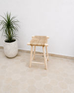 Natural Palm Leaf Counter Stool handcrafted from solid wood with a handwoven natural palm leaf seat