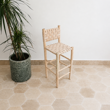 Natural Leather Bar Stool with Backrest handcrafted from solid wood with a genuine natural leather seat and backrest