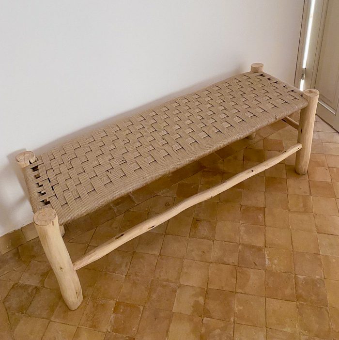 Beige Cord Bench – Handmade Solid Wood Moroccan Woven Bench for Entryway, Bedroom & Living Room - Image 2