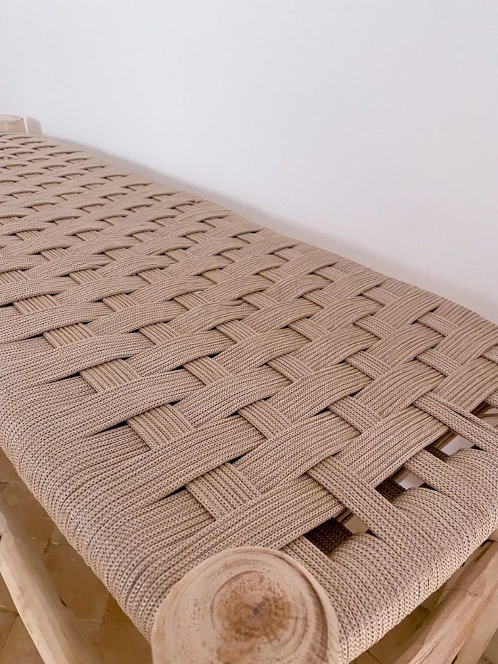 Beige Cord Bench handcrafted from solid eucalyptus wood with a handwoven beige cord seat