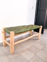 Handmade Green Cord Bench handcrafted from solid eucalyptus wood with a handwoven green cord seat
