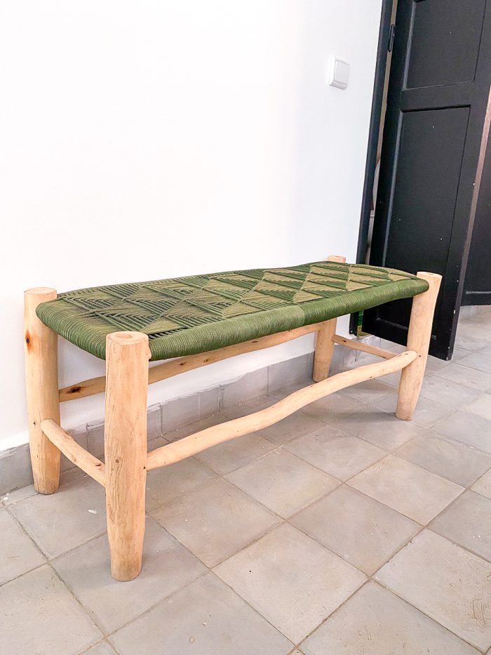 Handmade Green Cord Bench handcrafted from solid eucalyptus wood with a handwoven green cord seat