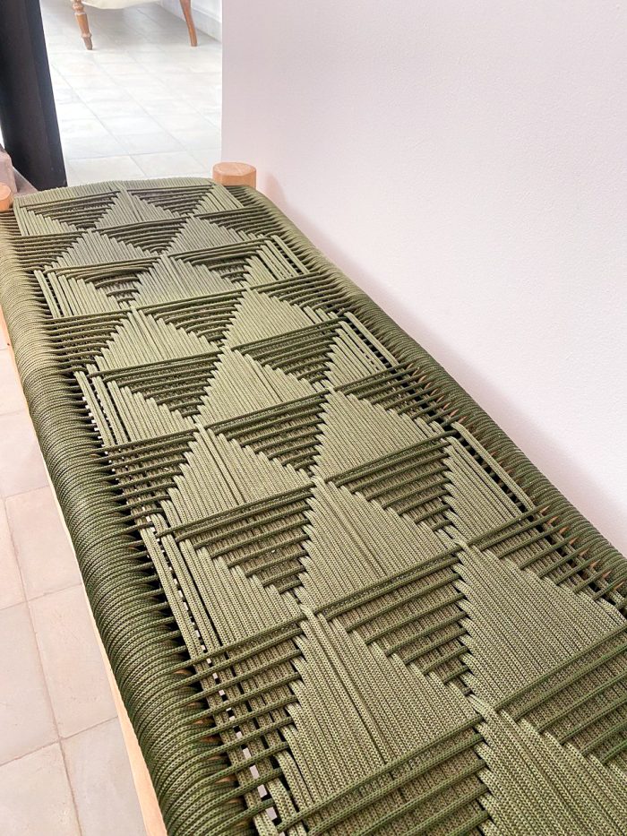 Handmade Green Cord Bench handcrafted from solid eucalyptus wood with a handwoven green cord seat