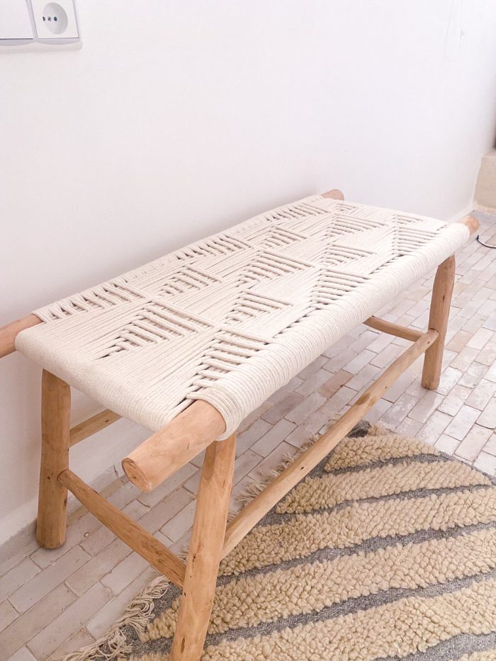 White Cord Bench handcrafted from solid wood with a handwoven white cord seat